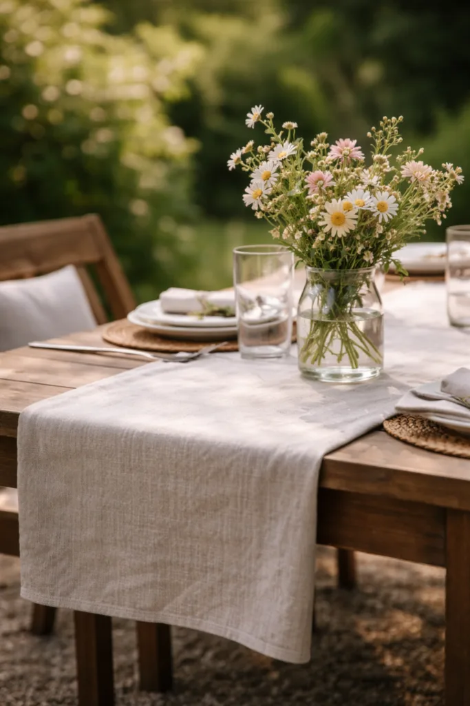 Muttertag Tischdeko Gartentisch mit Leinenläufer, Blumen und natürlicher Textilwirkung im Garten