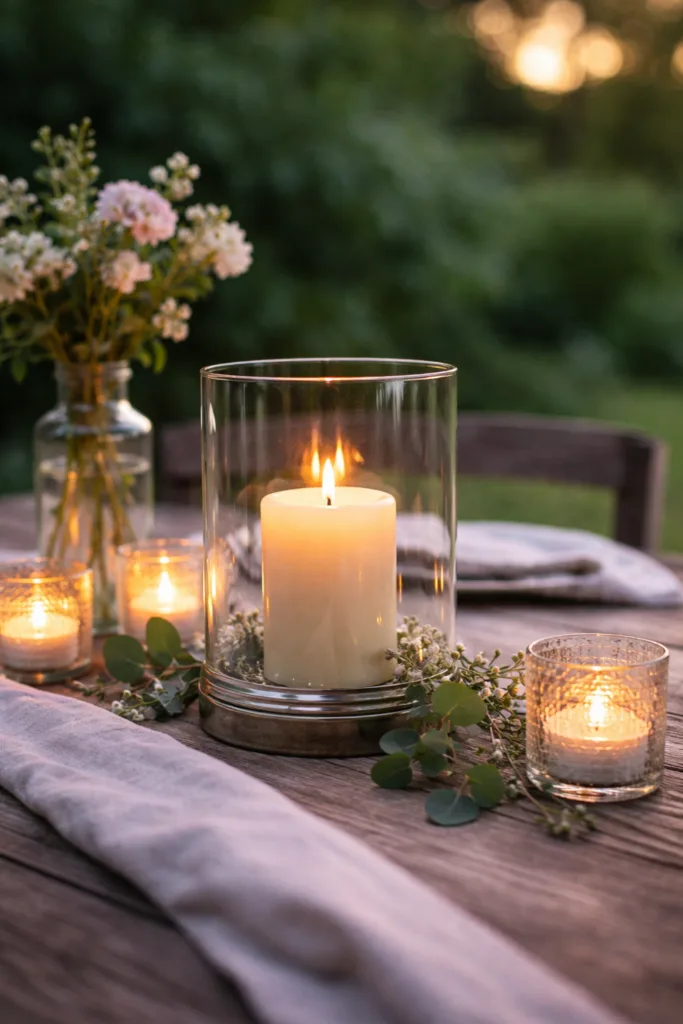 Muttertag Tischdeko Gartentisch mit Kerzenlicht, Windlichtern und natürlicher Abendstimmung im Garten