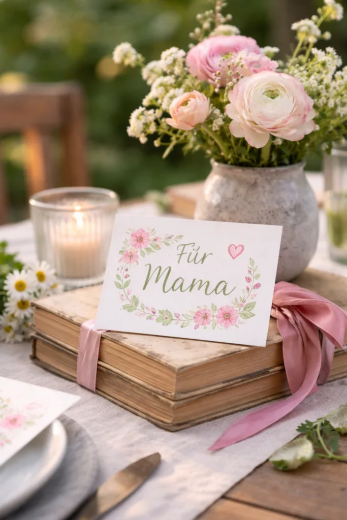 Muttertag Tischdeko Gartentisch mit persönlicher Karte, Blumen und natürlicher Deko im Garten