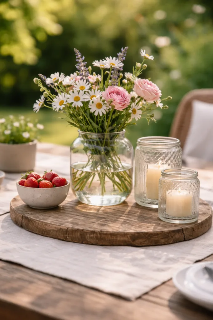 Muttertag Tischdeko Gartentisch mit Naturmaterialien, Holztablett, Glasvasen und Blumen im Garten