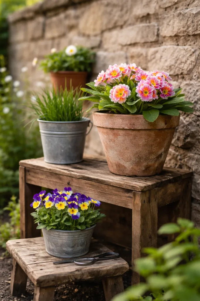 Gartenmauer Deko im April mit Holzsitz, Pflanzgefäßen und funktionaler Gestaltung im Frühling