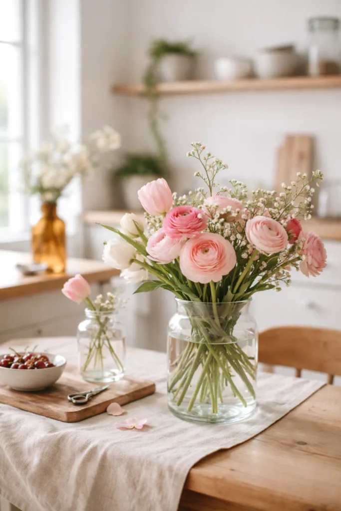 Muttertagsdeko mit Schnittblumen in Glasvase, stilvoll arrangiert auf Holztisch im hellen Raum