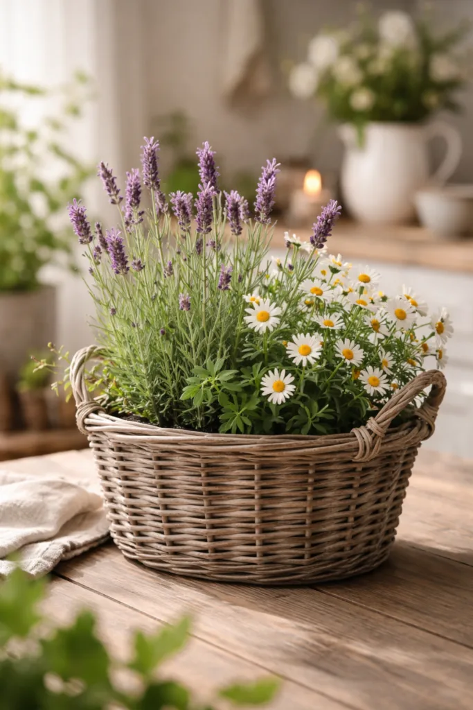Muttertagsdeko mit Blumen im Topf, Lavendel und Margeriten in Korb dekoriert auf Holztisch