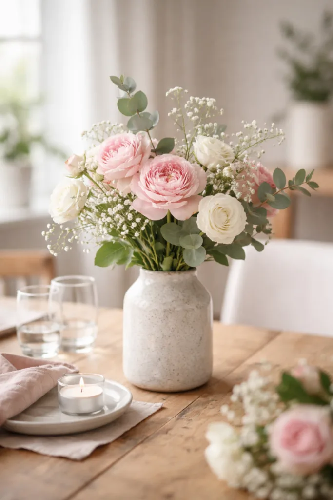 Muttertagsdeko mit Blumen in Rosa und Weiß, harmonisches Farbkonzept im Wohnraum