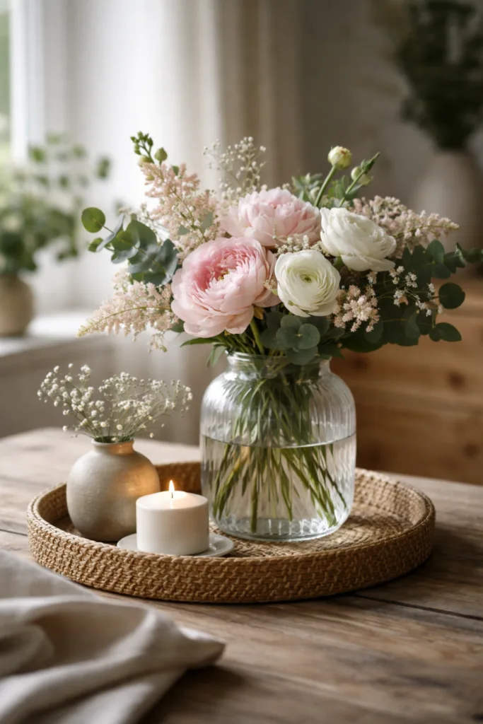 Muttertagsdeko mit Blumen in Glasvase auf Holztablett mit Keramik und Kerze stilvoll kombiniert