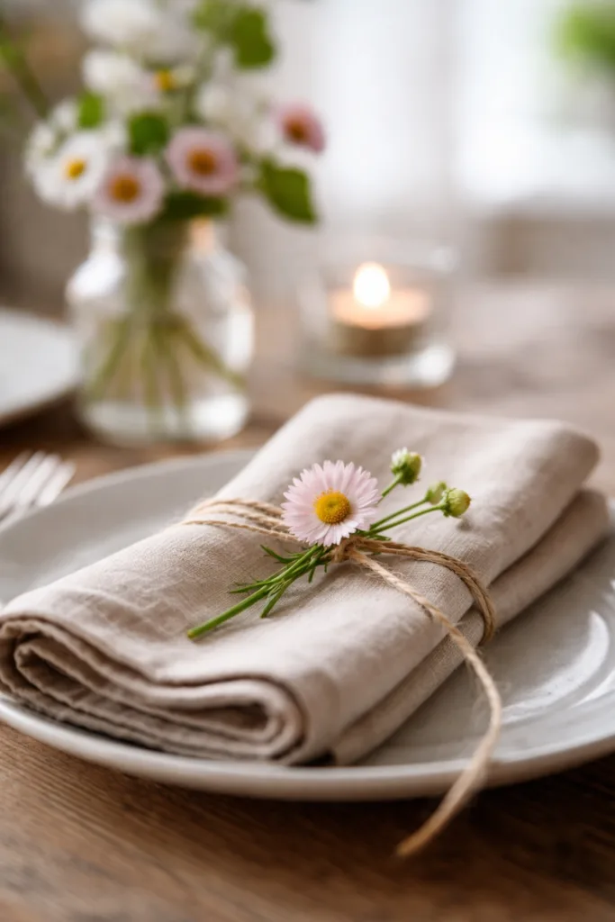 Muttertagsdeko mit Blumen als Detail mit Serviette und Blüte auf Tisch dekoriert