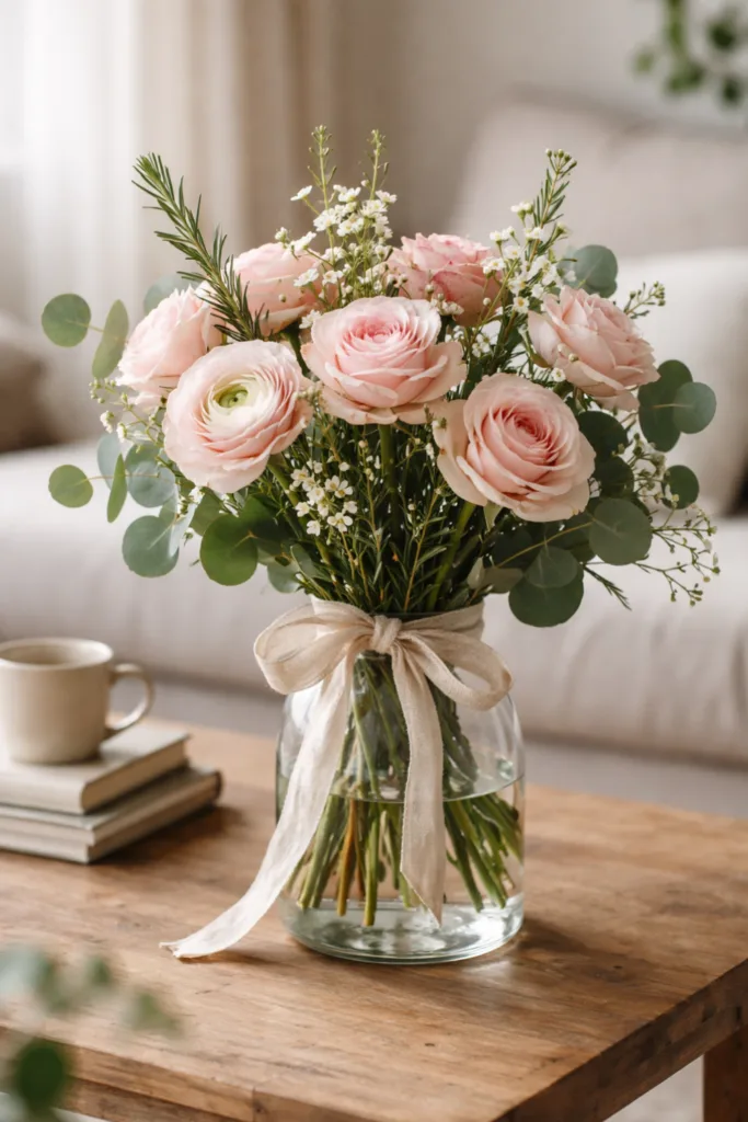 Perfekter Blumenstrauß zum Muttertag mit Rosen, Eukalyptus und Band in Glasvase auf Holztisch