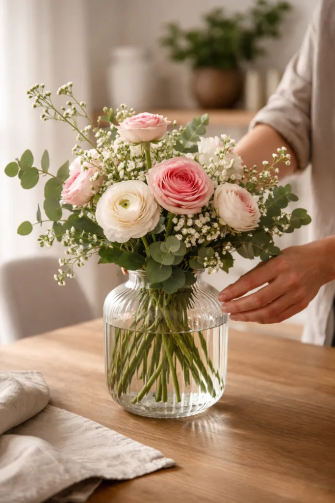 Perfekter Blumenstrauß zum Muttertag in passender Vase mit idealer Proportion und natürlicher Anordnung