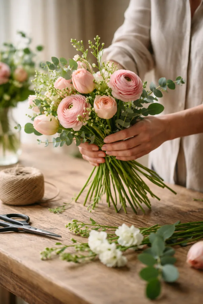 Blumenstrauß binden Schritt 3: Hände arrangieren Blumen locker in Spiraltechnik mit natürlichen Farben