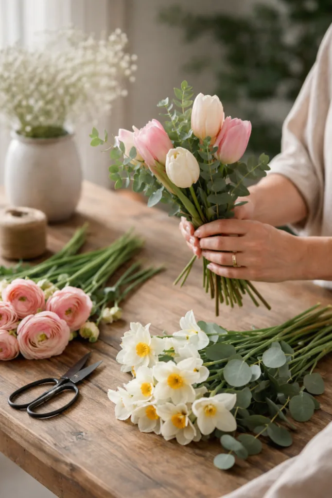 Blumenstrauß zum Muttertag mit Tulpen und Eukalyptus liebevoll gebunden auf Holztisch