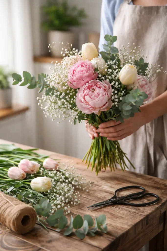 Blumenauswahl für perfekten Blumenstrauß zum Muttertag mit wenigen harmonischen Blüten in Vase