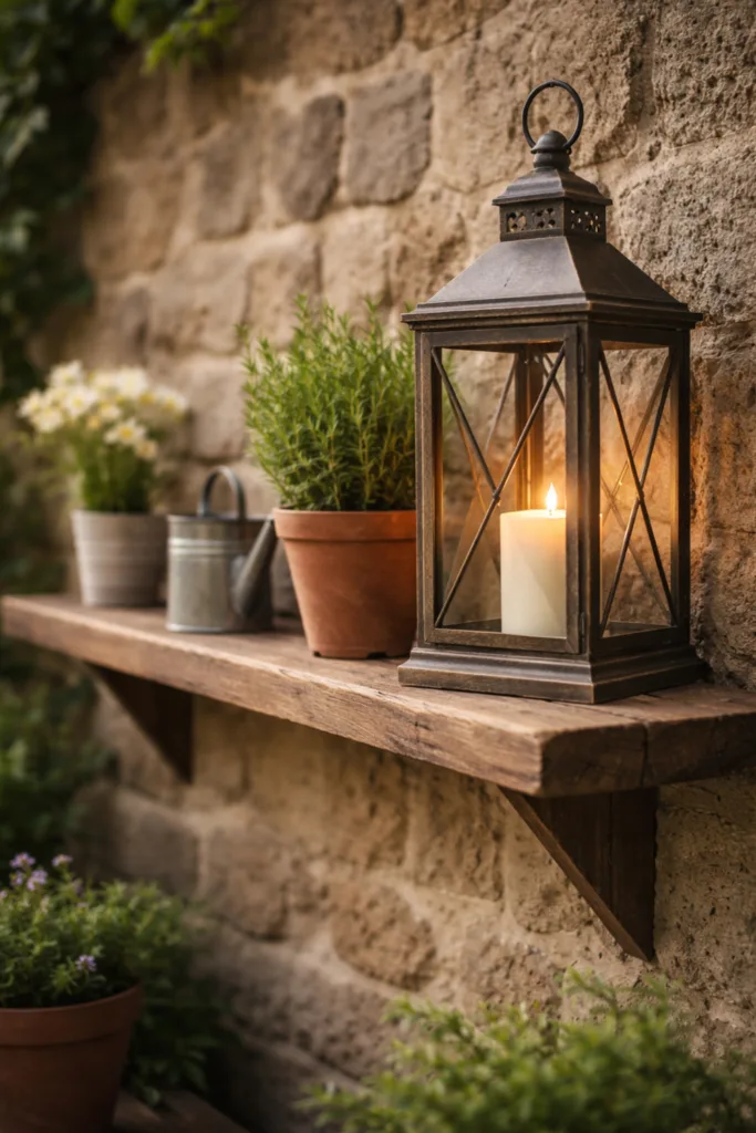 Gartenmauer Deko im April mit Holzregal, Metalllaterne und Pflanzgefäßen im Frühling