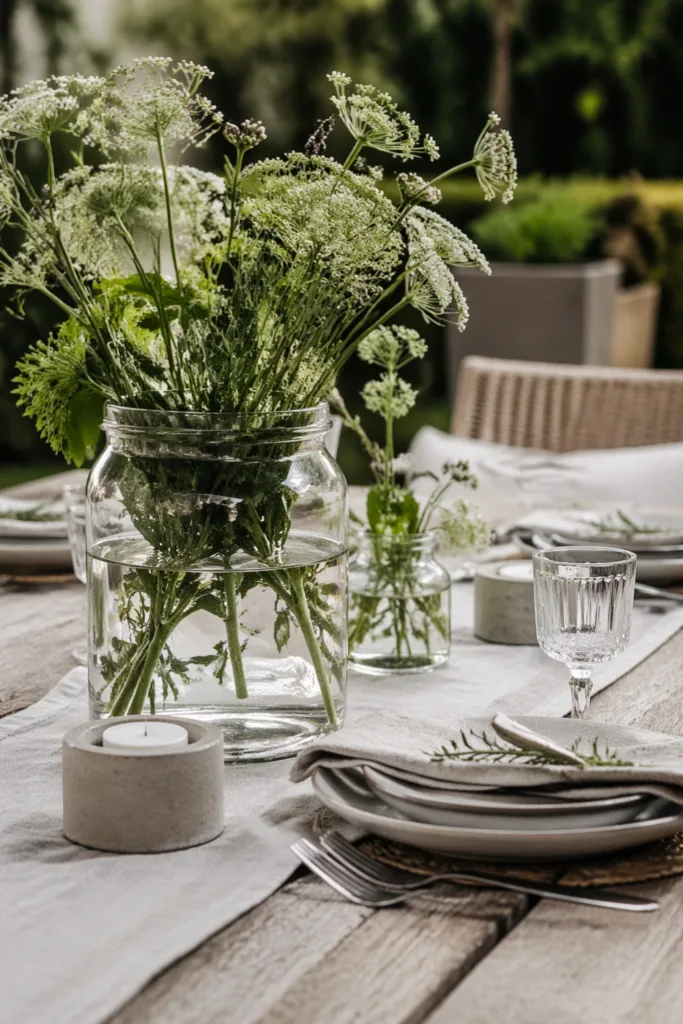 Moderne Muttertagsdeko im Garten mit natürlicher Tischdeko, Glasvase und Leinen auf Holztisch