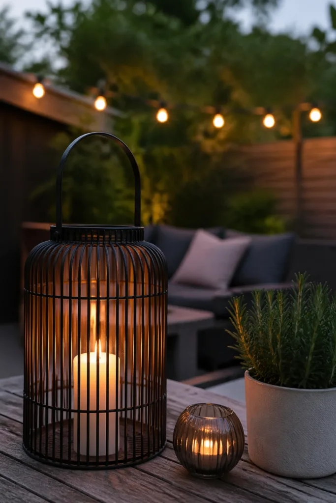 Moderne Muttertagsdeko im Garten mit Laterne, Kerzenlicht und warmen Lichtakzenten am Abend