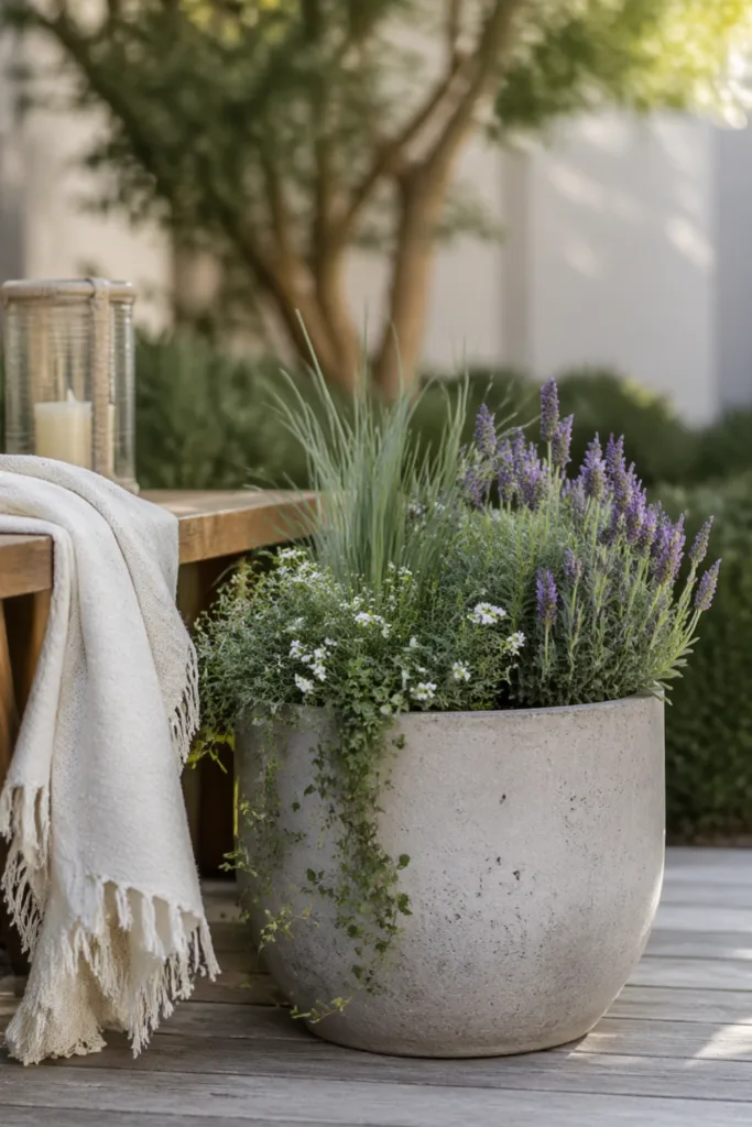 Moderne Muttertagsdeko im Garten mit Pflanzgefäßen aus Beton und stilvollen Pflanzen Arrangements