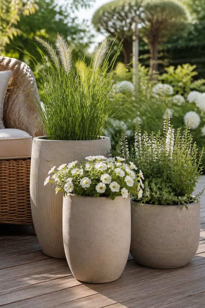 Gartendeko im Mai mit Pflanzgefäßen in Naturtönen und harmonischer Bepflanzung auf Terrasse