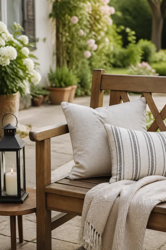 Gartendeko im Mai Sitzbereich mit Bank Kissen Laterne gemütlich gestaltet