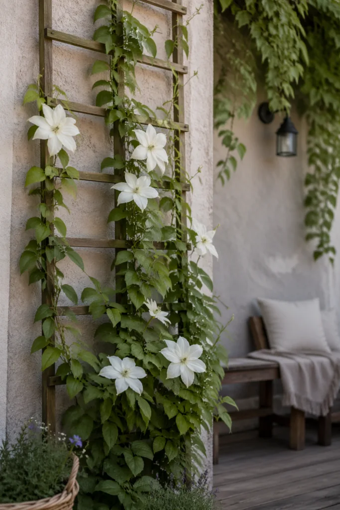 Gartendeko im Mai mit Rankgitter und Clematis an Hauswand im Garten