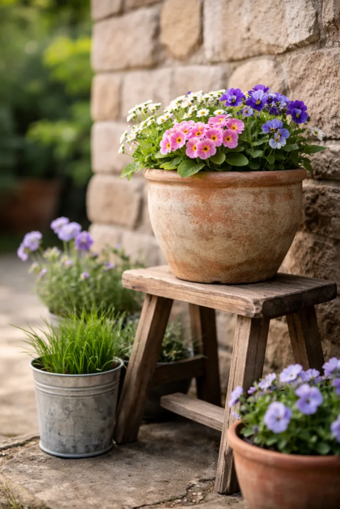 Gartenmauer Deko im April mit saisonalen Pflanzgefäßen und Frühblühern auf Holzstuhl arrangiert