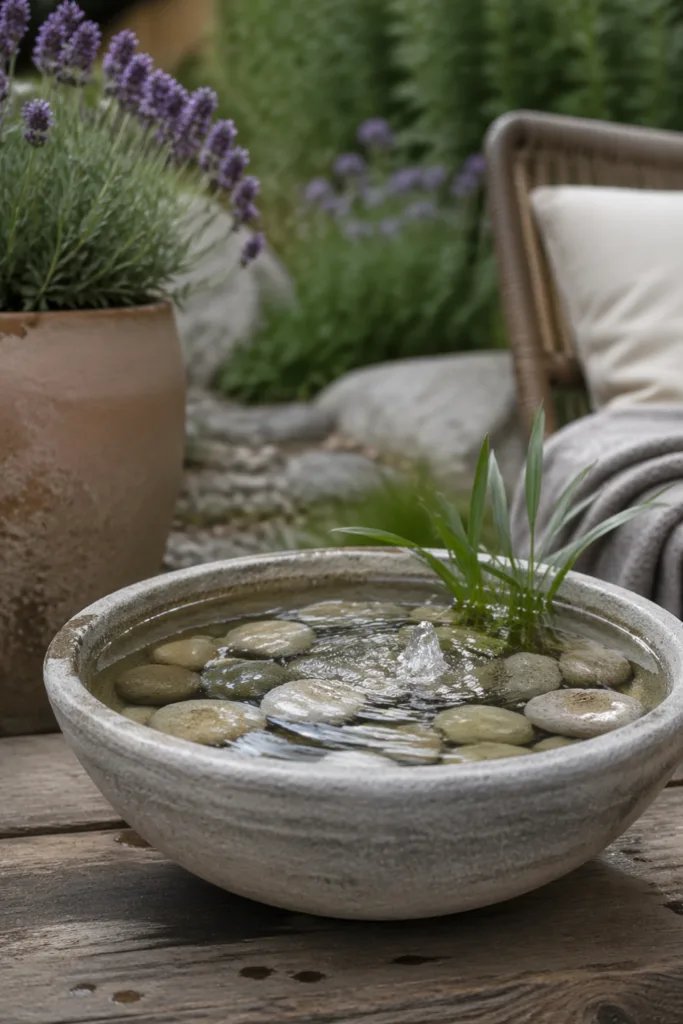 Gartendeko im Mai mit Wasserschale, Steinen und Pflanzen auf Holzterrasse