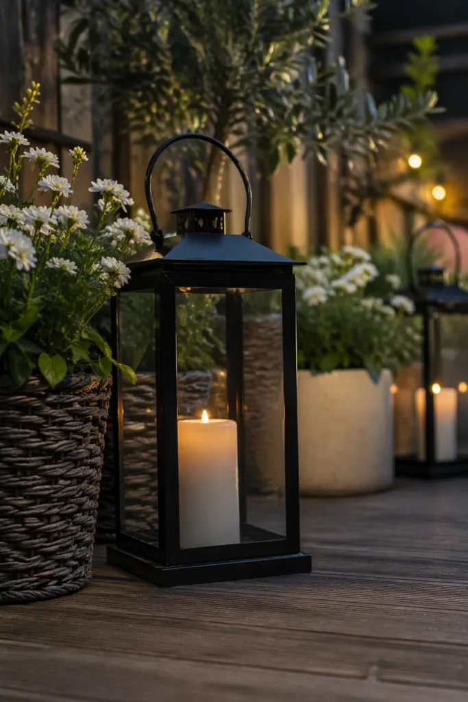 Gartenbeleuchtung im Mai mit Laterne, Kerze und warmem Licht im gemütlichen Gartenbereich