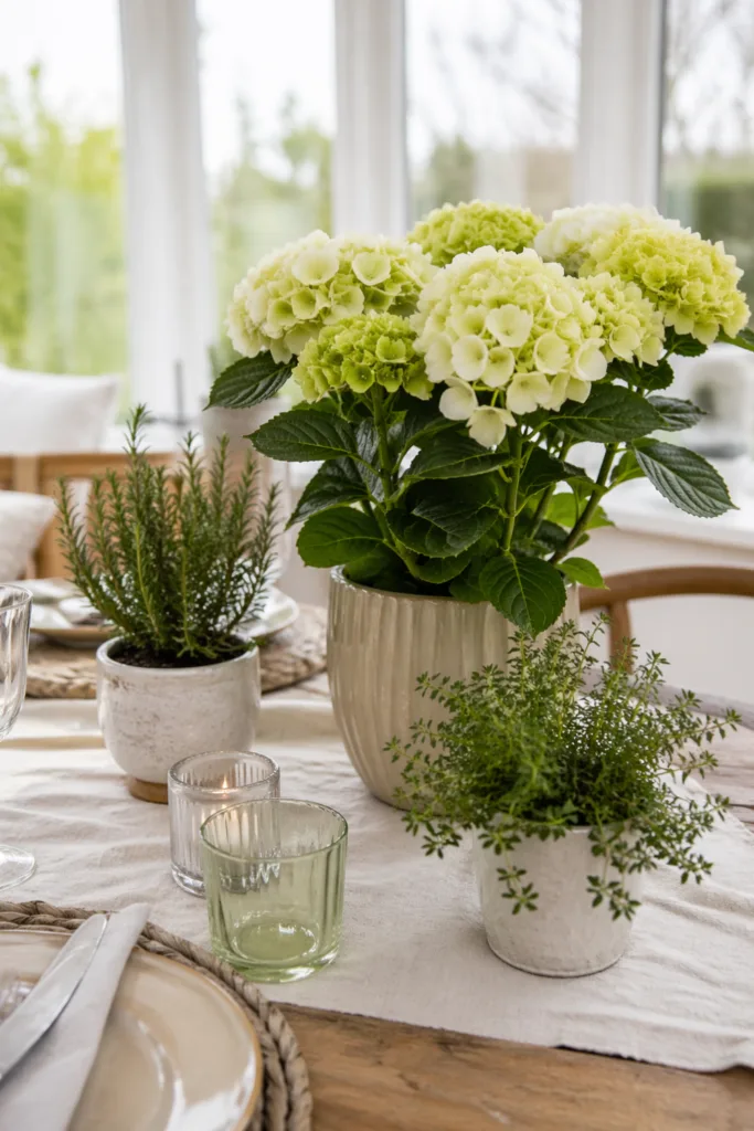 Natürliche Tischdeko mit Pflanzen im Wintergarten zum Muttertag statt Schnittblumen