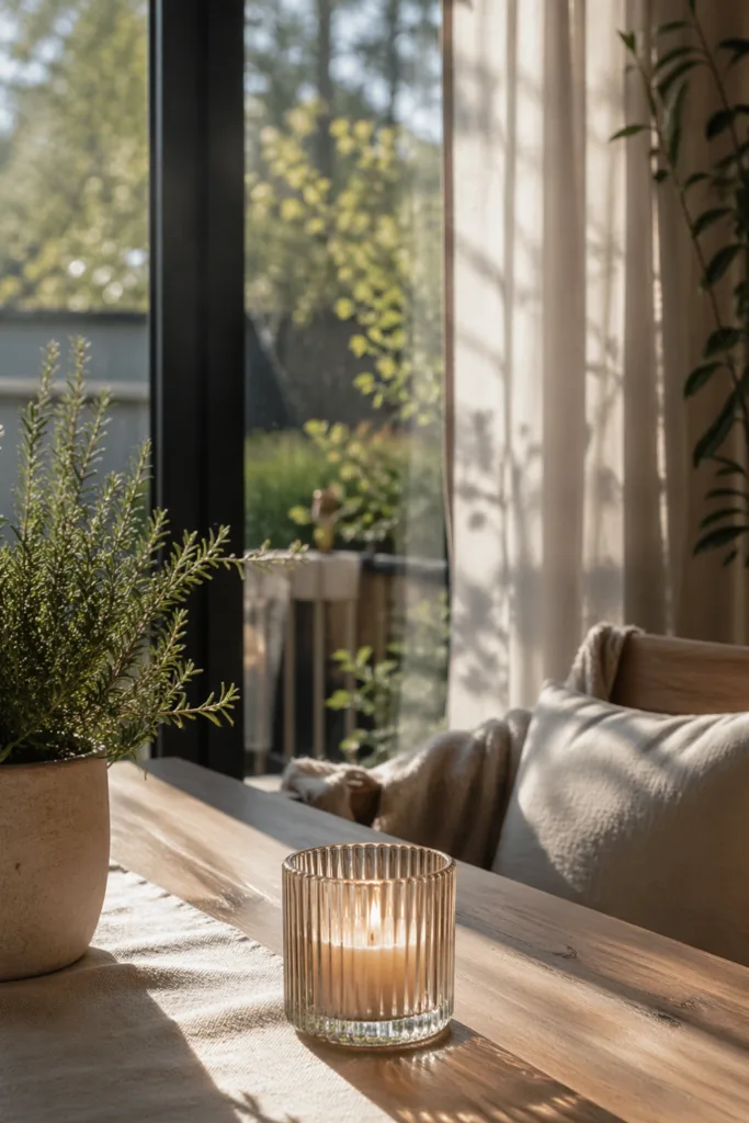 Muttertag im Wintergarten mit natürlichem Licht, Kerze und ruhiger Tischdeko