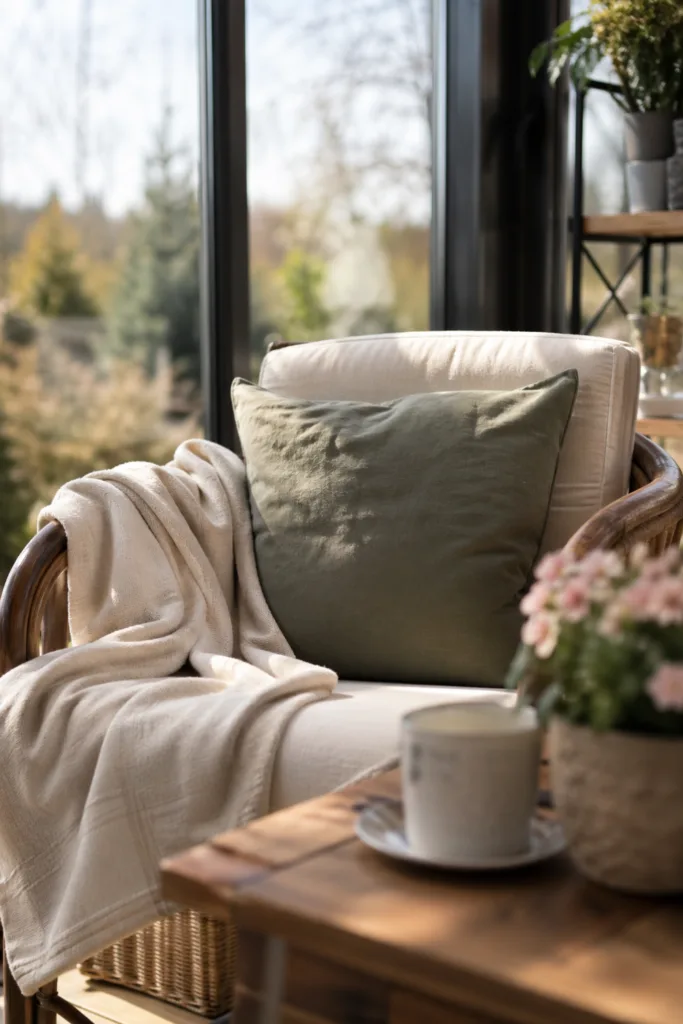 Muttertag Wintergarten gemütlicher Sitzbereich mit Kissen, Decke und natürlichem Licht