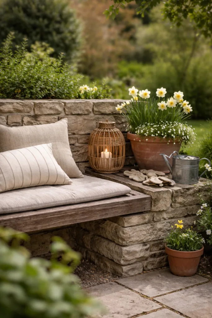 Gartenmauer Deko im April mit Lichtakzenten, Laterne, warmem Licht und Frühlingspflanzen