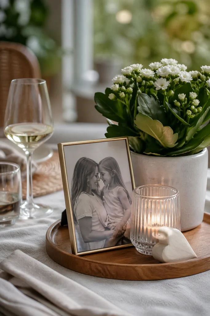 Muttertag Wintergarten Deko mit Foto, Kerze und Pflanze auf Tisch stilvoll arrangiert