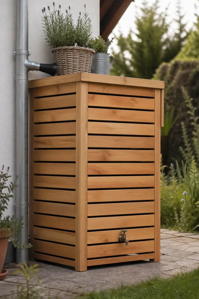 Regentonne Ideen DIY mit Holzverkleidung, natürlich im Garten integriert neben Hauswand