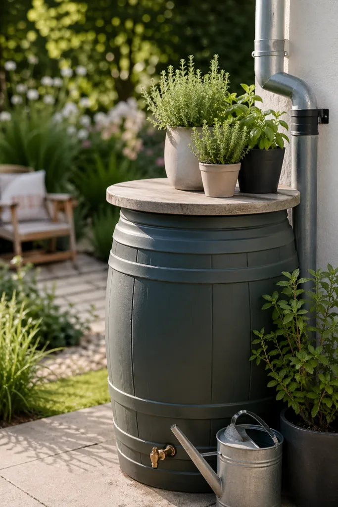 Regentonne als Pflanzsäule DIY mit Kräutern auf Holzdeckel im Garten dekorativ integriert