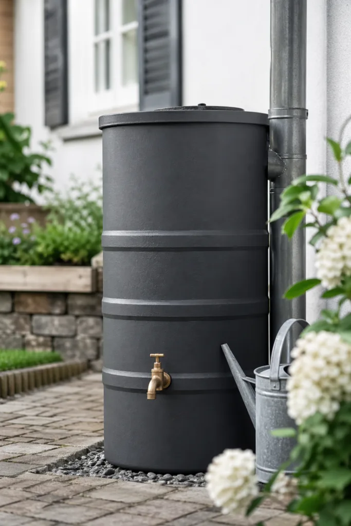 Regentonne modern gestaltet in dunkler Farbe im Garten neben Hauswand und Fallrohr