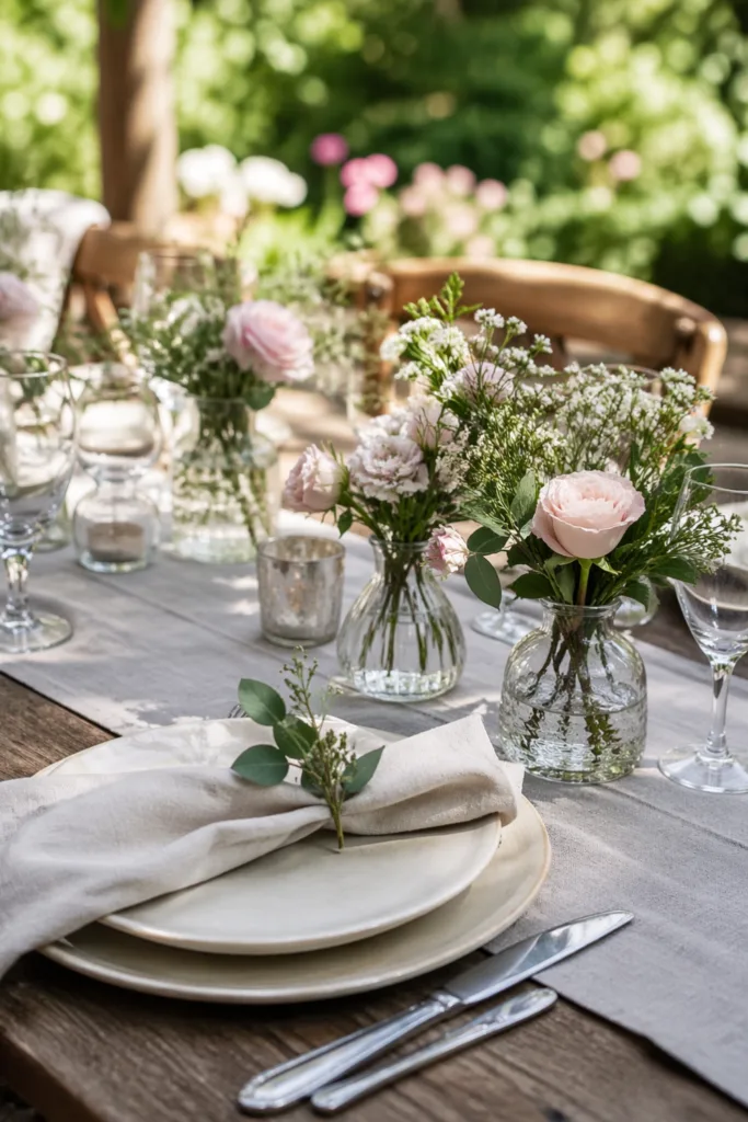 Gartenparty Muttertag Tischdeko mit Blumen, Kerzen und Geschirr im Garten
