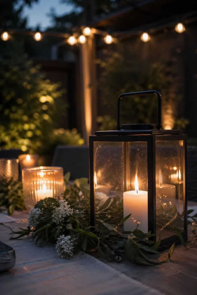 Lichter und Kerzen für Gartenparty sorgen für warme Atmosphäre im Garten am Abend
