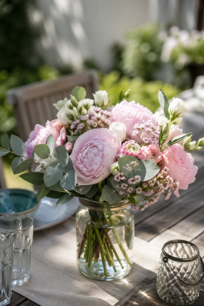 Blumen gezielt einsetzen mit Rosen und Eukalyptus in Glasvase auf Gartentisch dekoriert