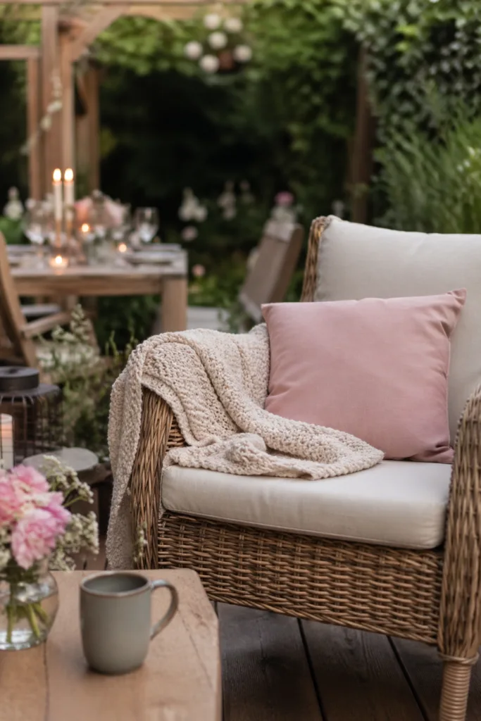 Sitzbereich im Garten mit Kissen und Decke für Muttertags Gartenparty gemütlich dekoriert