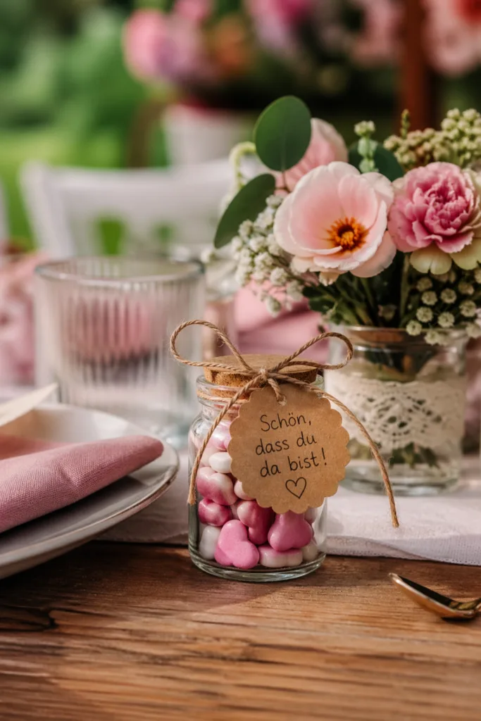 Gartenparty Muttertag persönliche Deko Glas mit Botschaft und Blumen Tischdeko im Garten