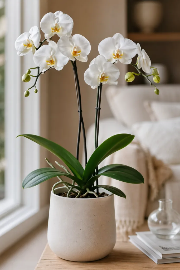 Orchidee Muttertag außergewöhnliche Blumen im Topf als langlebiges Geschenk im Wohnzimmer