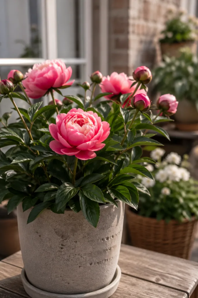 Pfingstrose im Topf auf Balkon als langlebiges Muttertags-Geschenk mit Blüten