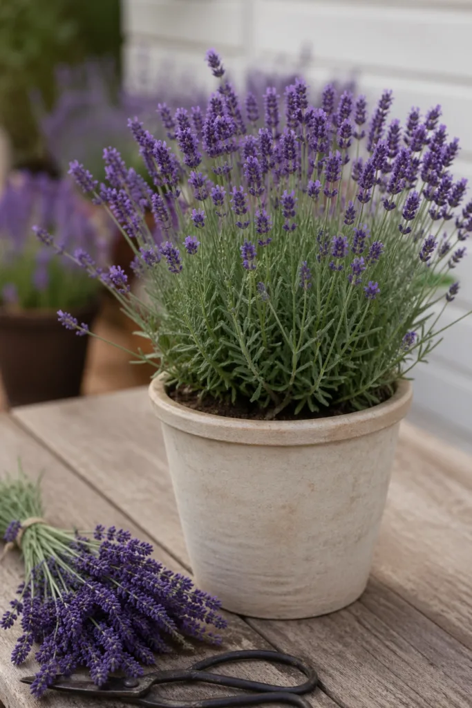 Lavendel im Topf als außergewöhnliche Blume zum Muttertag auf Holztisch dekoriert