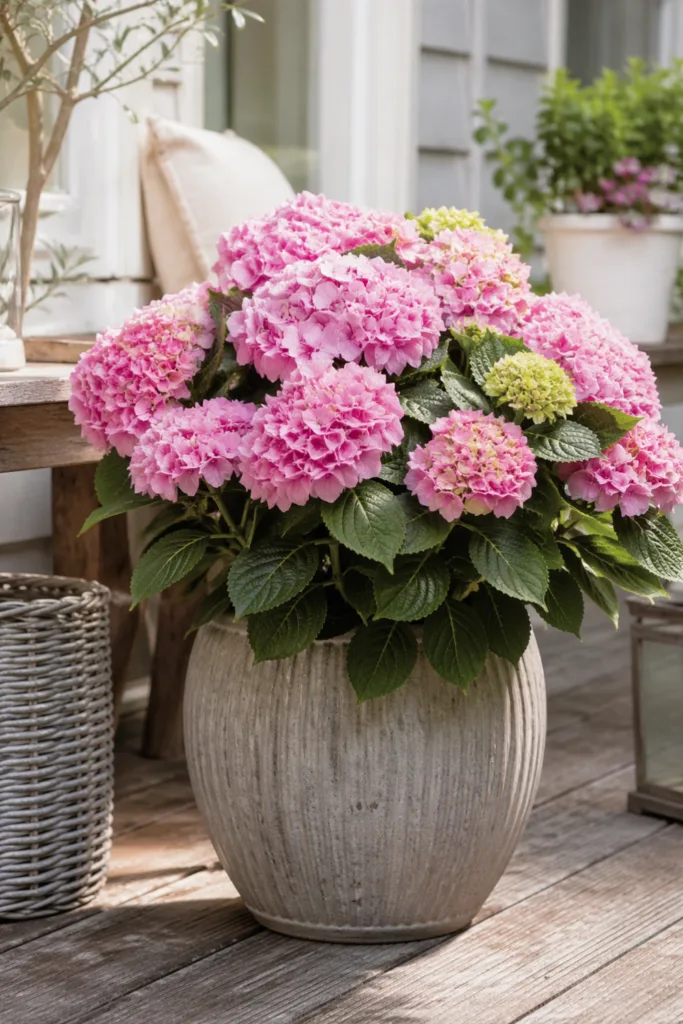 Hortensie im Topf mit üppigen Blüten als Blickfang auf Terrasse mit natürlichem Licht