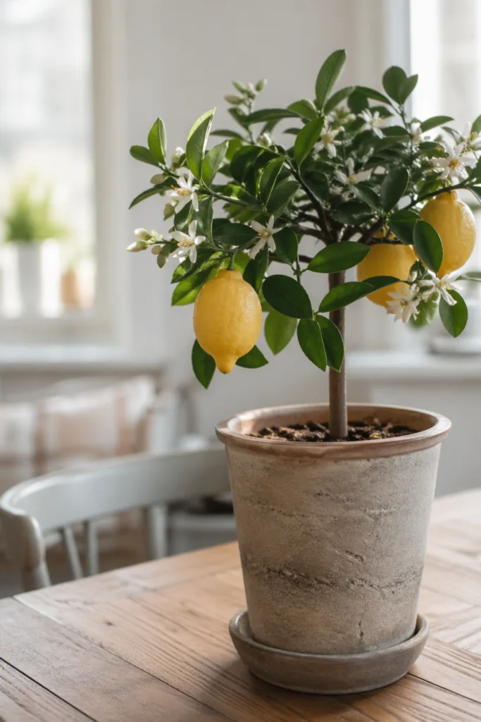 Zitronenbaum im Topf als außergewöhnliche Blumenidee zum Muttertag mit mediterraner Wirkung