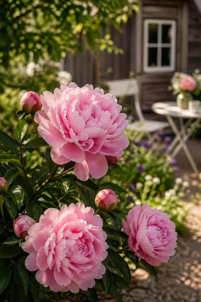 Pfingstrosen im Garten im Mai als ruhiger Mittelpunkt mit großen rosa Blüten im Vordergrund