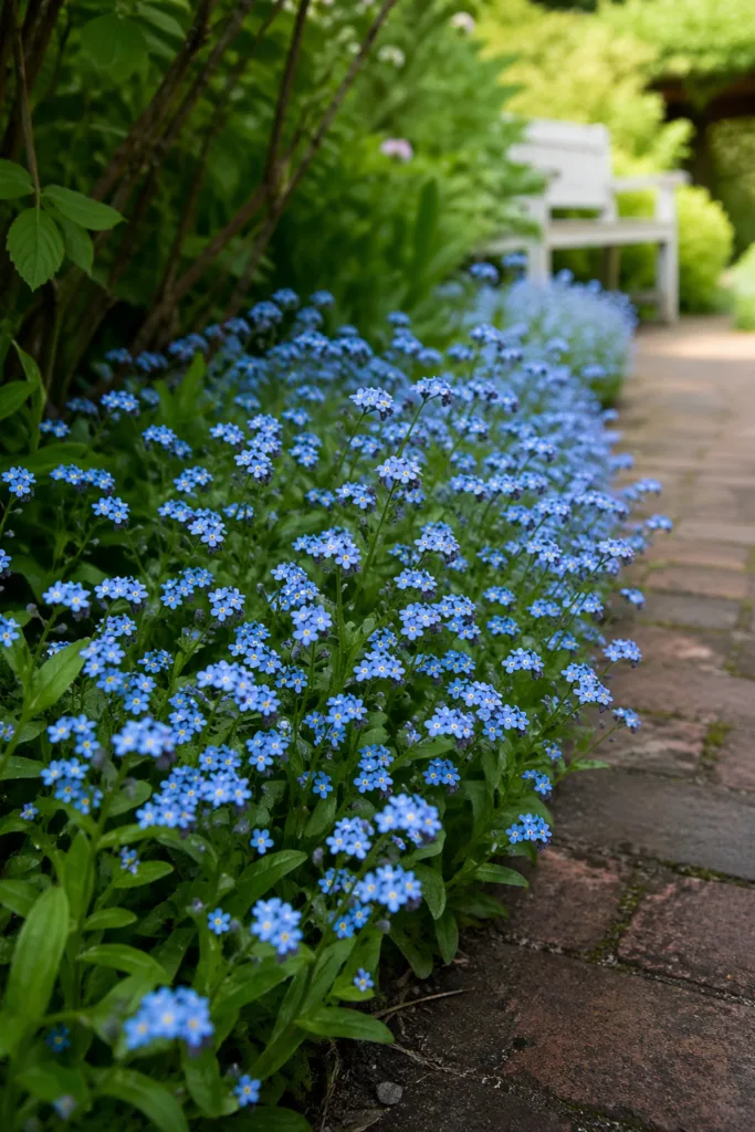 Vergissmeinnicht als verbindende Fläche im Garten entlang eines Weges im Mai