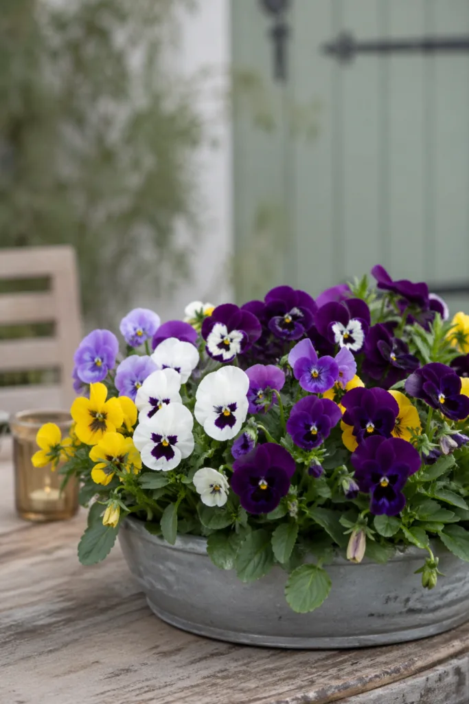 Stiefmütterchen im Topf im Mai Garten, farbenfrohe Dauerblüher auf Holztisch draußen