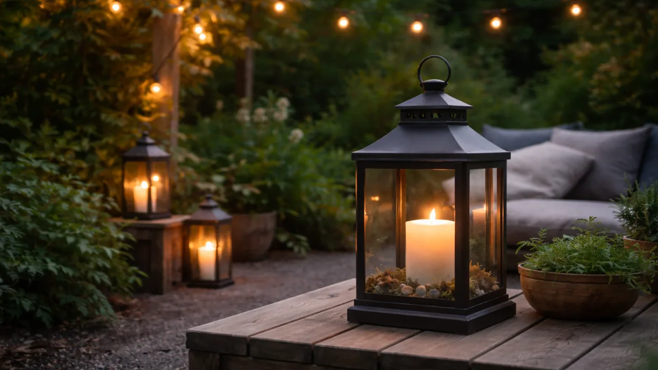 Deko für draußen im April mit Laternen, Kerzenlicht und gemütlicher Gartenbeleuchtung
