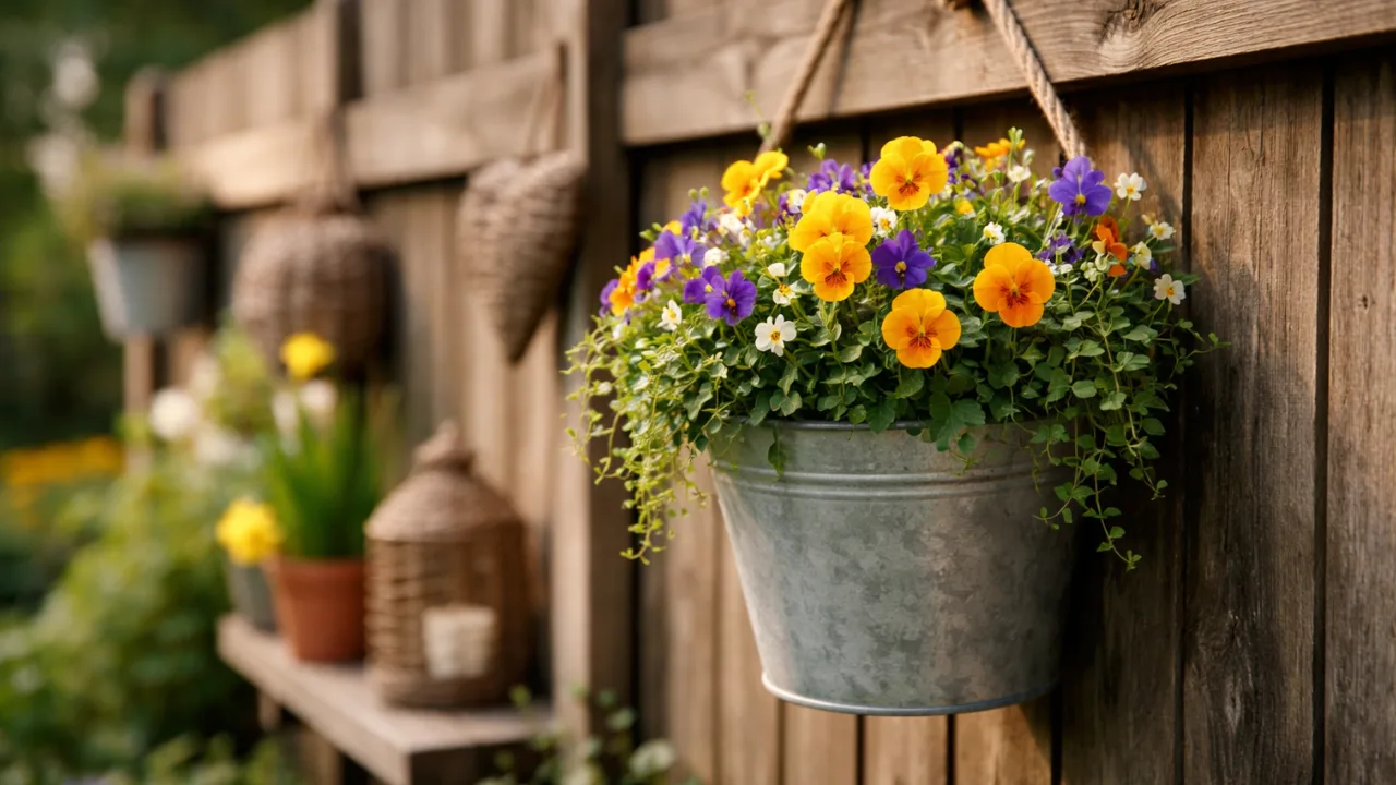 Gartenzaun Deko im April mit hängendem Blumentopf und Frühblühern am Holzzaun im Garten