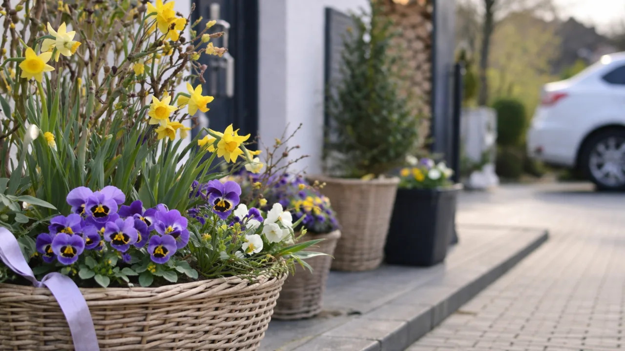 Einfahrt Deko im April mit Frühlingsblumen in Körben und Töpfen vor Hauseingang