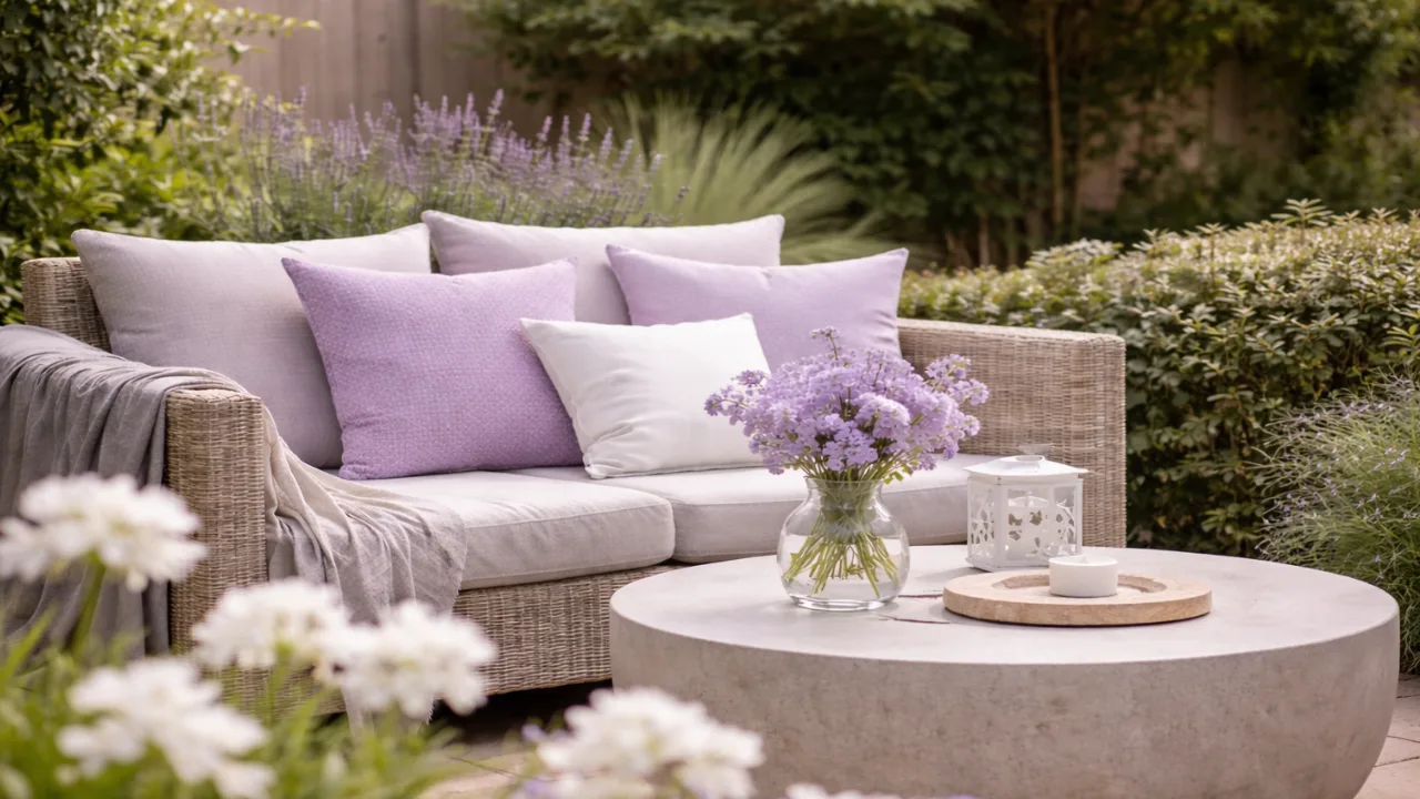 Trendfarben Garten 2026 mit Pastellkissen, Naturmaterialien und harmonischer Terrassengestaltung